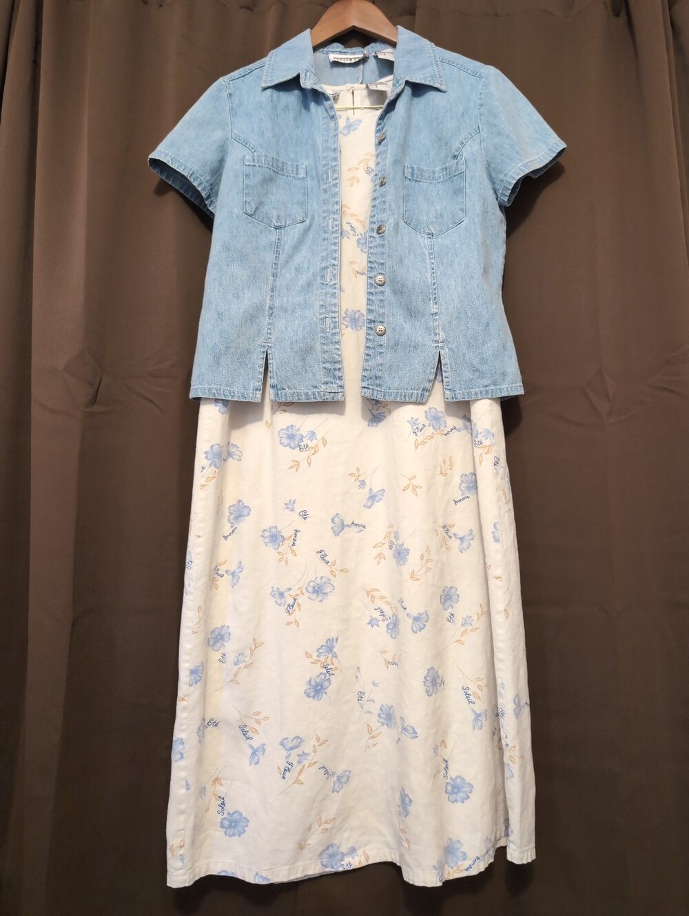 Dress Barn Light Blue Denim Jacket over Cream Floral Dress Size 8 Cottagecore